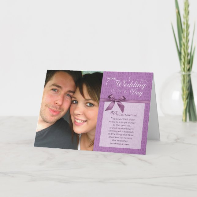 Tarjeta Día de la boda, por qué te amo - púrpura con cinta (Anverso)