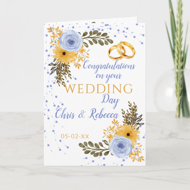 Tarjeta Día de la boda Rosa amarillo azul (Anverso)