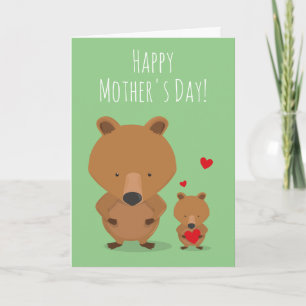 Tarjeta Día de la Madre Animal Verde Oso Corazón de cubo