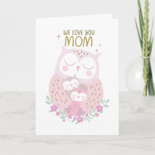 Tarjeta Día de la Madre Búhos Rosa Pastel Morado Adorable