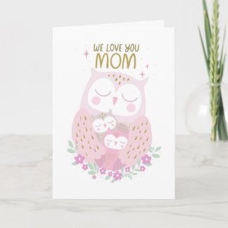 Tarjeta Día de la Madre Búhos Rosa Pastel Morado Adorable