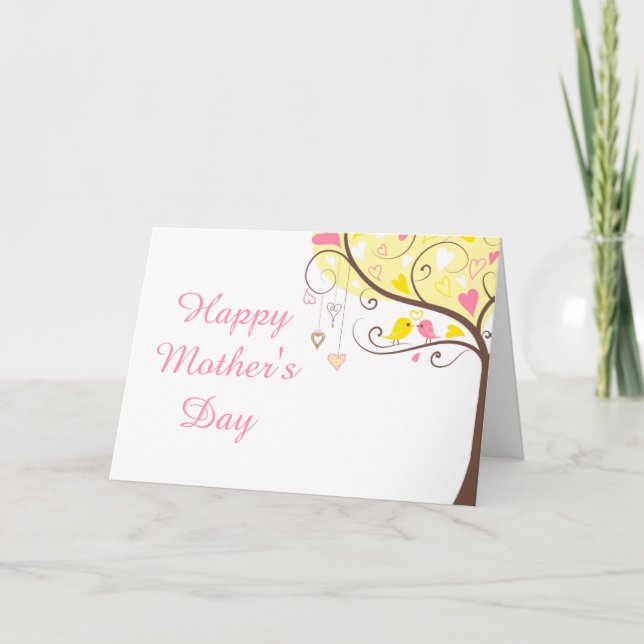 Tarjeta Día de la Madre de Aves Florales Amarillas y Rosa (Anverso)