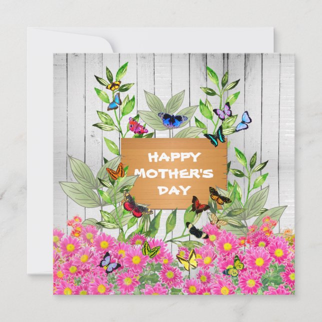 Tarjeta Día de la Madre en el Rótulo de madera y el Jardín (Anverso)