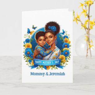 Tarjeta Día de la Madre Étnico Mamá e Hijo Azul/Amarillo F