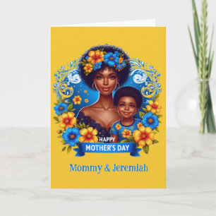 Tarjeta Día de la Madre Étnico Mamá e Hijo Azul/Amarillo F