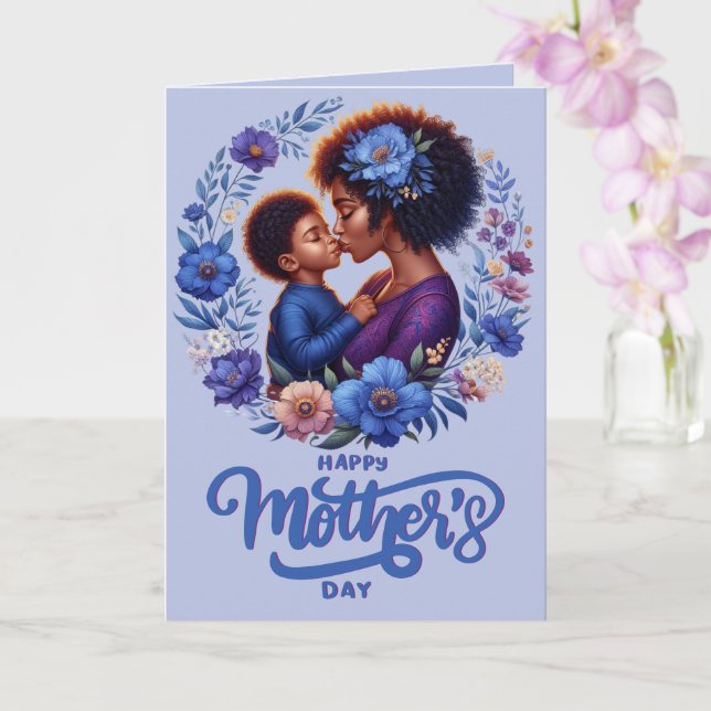 Tarjeta Día de la Madre feliz de mamá y hijo afroamericano (Orquídea)
