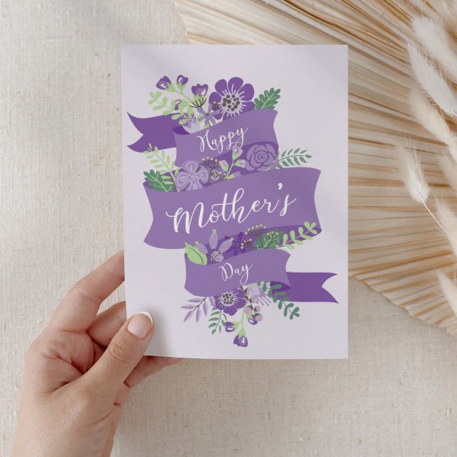 Tarjeta Día de la Madre Feliz Morado Moderno Floral Script (Subido por el creador)