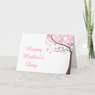 Tarjeta Día de la Madre Floral de Pájaro Rosa y Gris