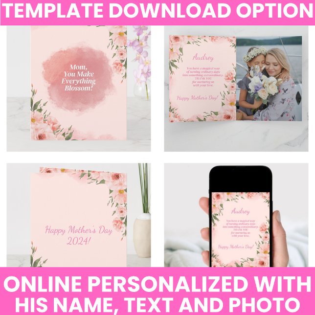 Tarjeta Día de la Madre Floral Rosa Moderno (Modern Pink Floral Mother's Day Card)