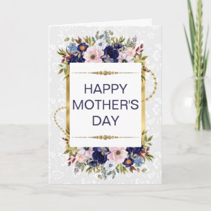 Tarjeta Día de la Madre Flores Azules y Brillo Dorado