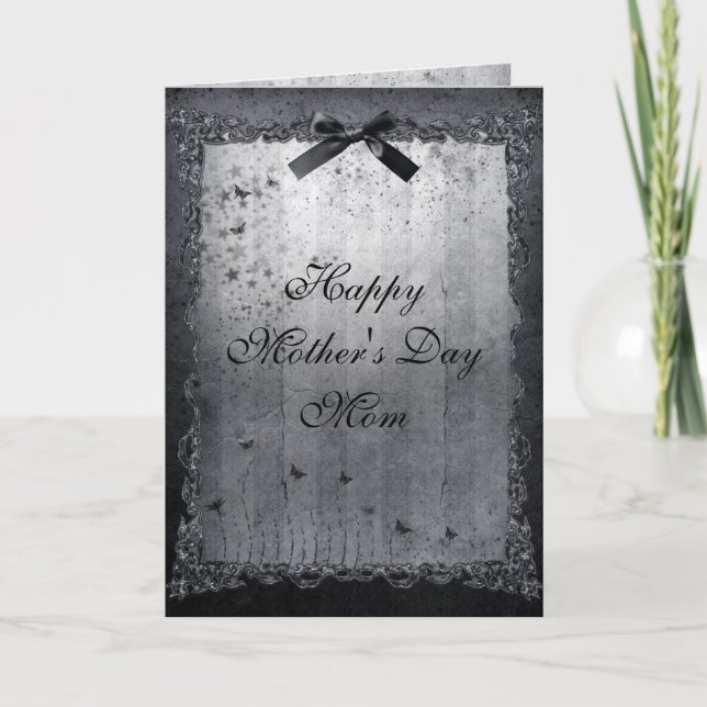 Tarjeta Día de la Madre gótico negro y plateado de maripos (Anverso)