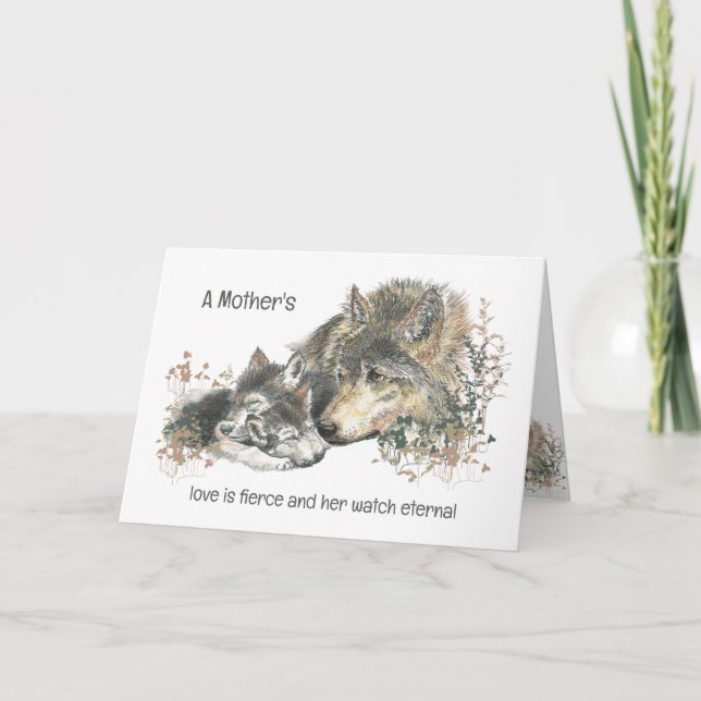 Tarjeta Día de la Madre Lobo Mamá ama Fierce Watch Eterno (Anverso)