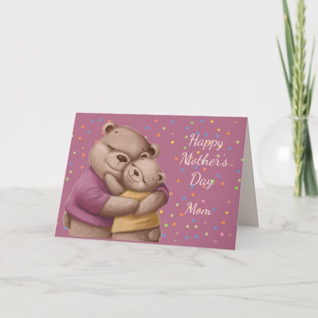 Tarjeta Día de la madre madre mamá abrazos al oso lindo (Anverso)