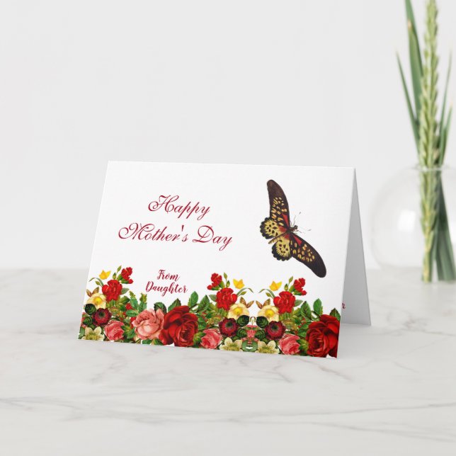 Tarjeta Día de la Madre Mariposa Rosas Rústicos Borgoña Fl (Anverso)