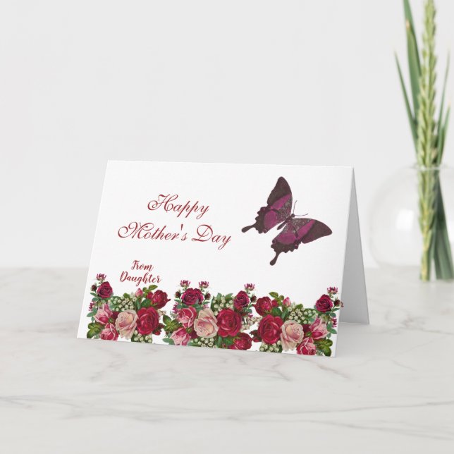 Tarjeta Día de la Madre Mariposa Rosas Rústicos Borgoña Fl (Anverso)