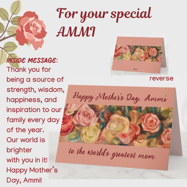 Tarjeta Día de la Madre Mejor Ammi Urdu Árabe Mamá (A beautiful floral roses Mother's Day card for your special Ammi (mom). All text customizable.)