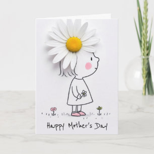 Tarjeta Día de la Madre Niña con Flor de Margarita Blanca