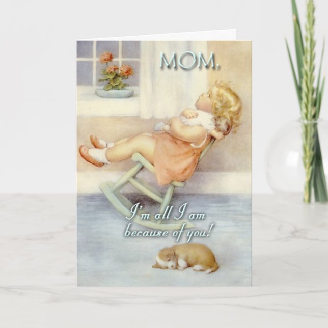 Tarjeta Día de la Madre, Niña Pequeña, Silla De Rocas, Per (Anverso)
