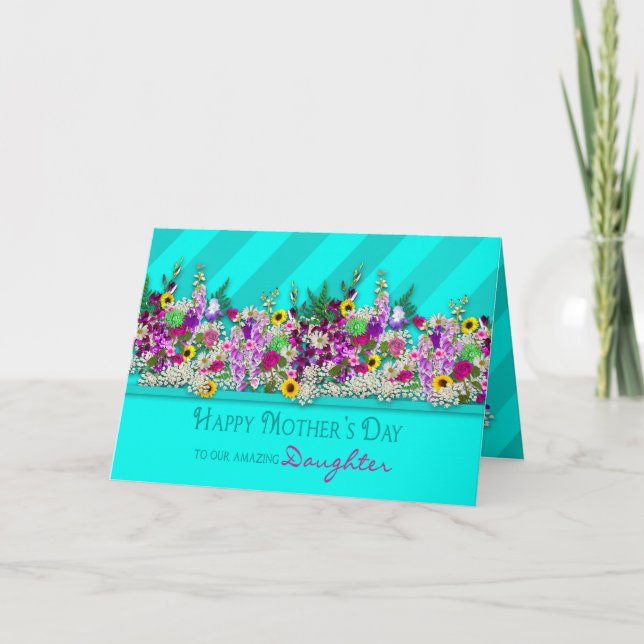 Tarjeta Día de la Madre, nuestra hija, flores de jardín, A (Anverso)