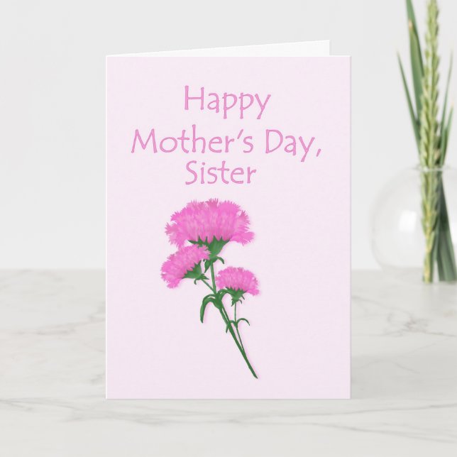Tarjeta Día de la Madre para hermana con claveles rosados (Anverso)