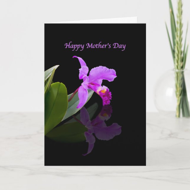 Tarjeta Día de la Madre, reflexión orquídea sobre el negro (Anverso)