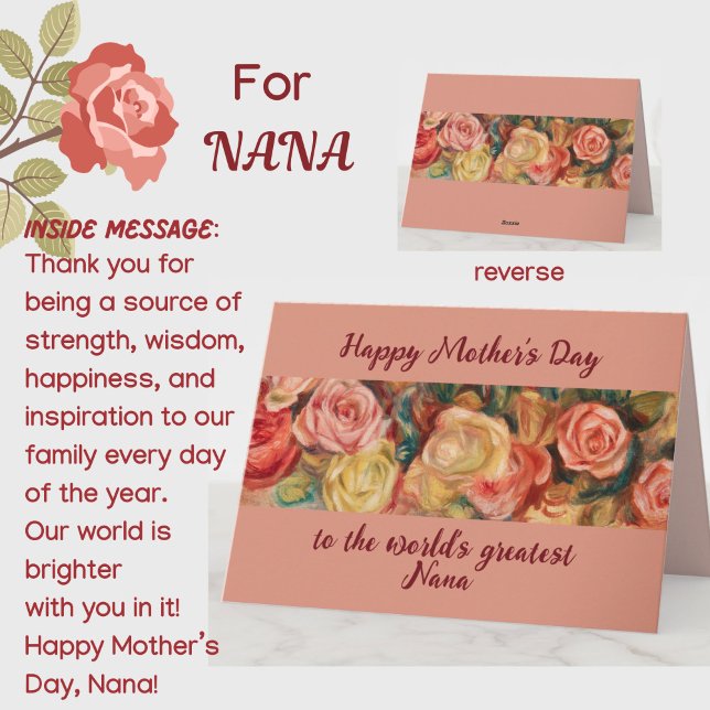 Tarjeta 'Día de la Madre Rosas Florales Personalizadas "Na (A beautiful floral roses Mother's Day card for your special Nana (grandmother)! Customizable.)