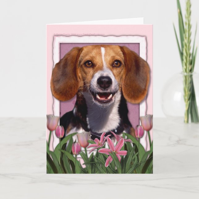 Tarjeta Día de la Madre - Tulipanes rosados - Beagle (Anverso)