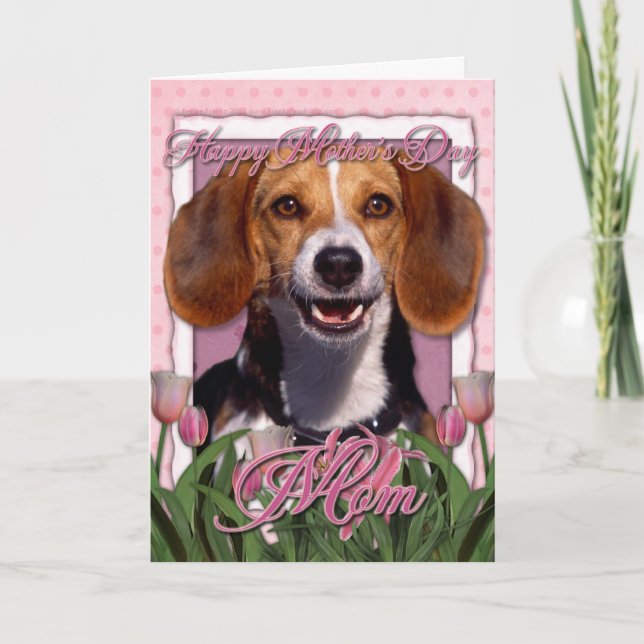 Tarjeta Día de la Madre - tulipanes rosados - beagle (Anverso)
