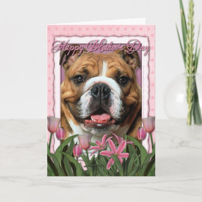 Tarjeta Día de la Madre - Tulipanes rosados - Bulldog (Anverso)