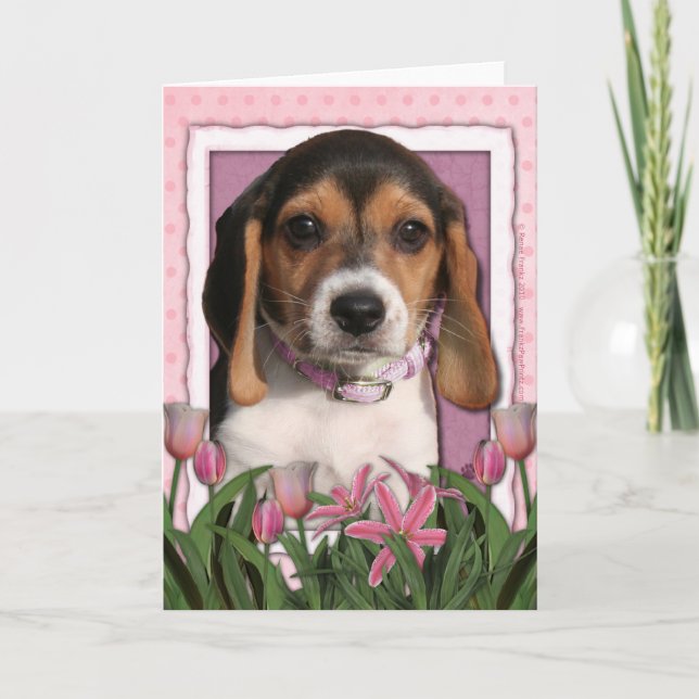 Tarjeta Día de la Madre - Tulipanes rosados - Cachorro bea (Anverso)