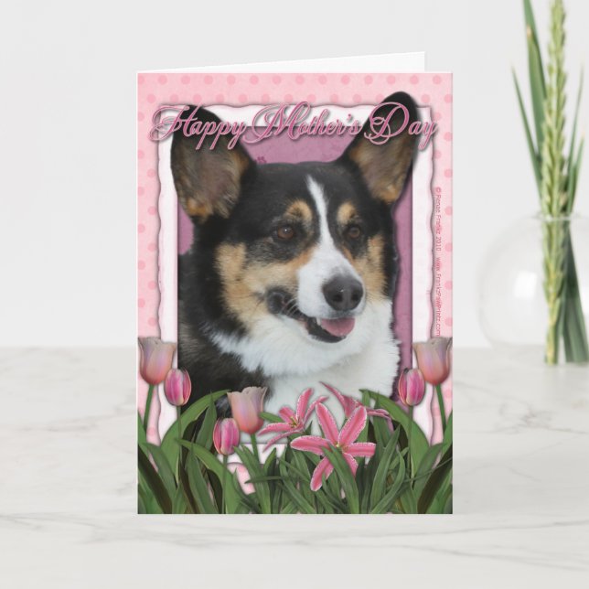 Tarjeta Día de la Madre - Tulipanes rosados - Corgi (Anverso)