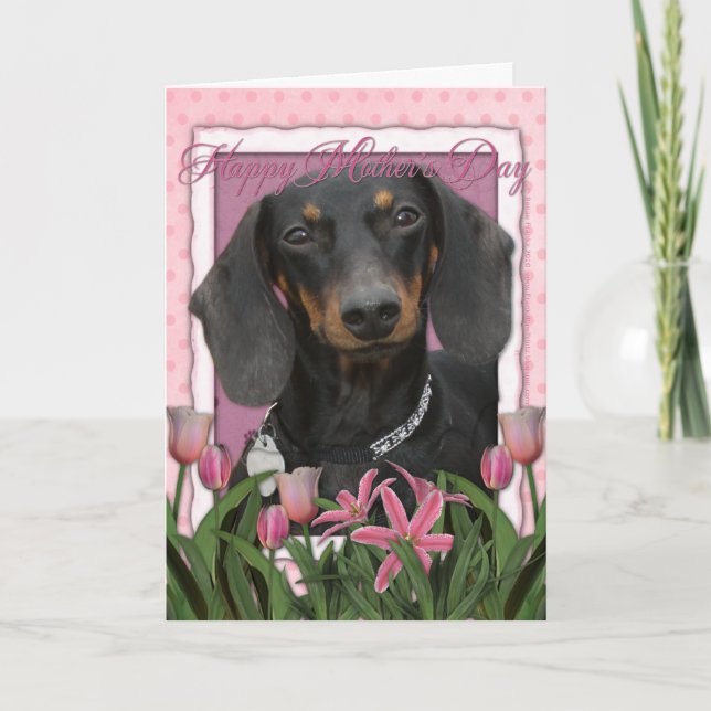 Tarjeta Día de la Madre - tulipanes rosados - Dachshund - (Anverso)