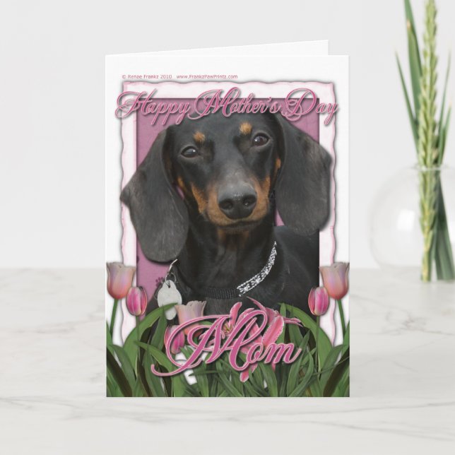 Tarjeta Día de la Madre - Tulipanes rosados - Dachshund -  (Anverso)