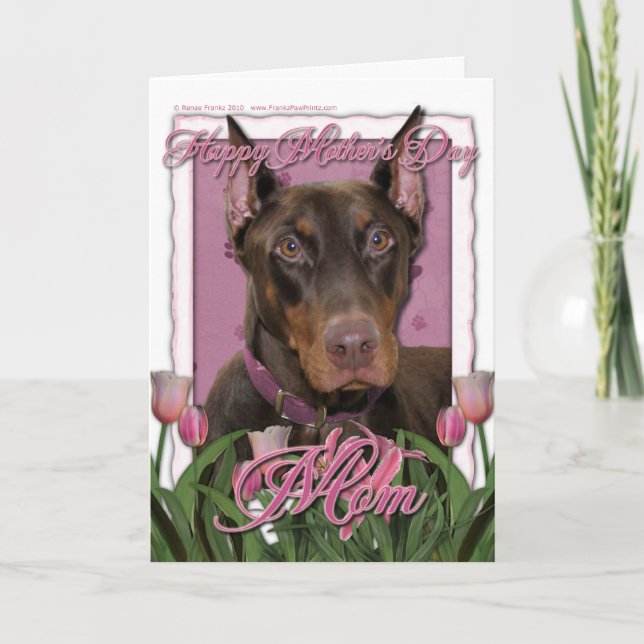 Tarjeta Día de la Madre - tulipanes rosados - Doberman - (Anverso)