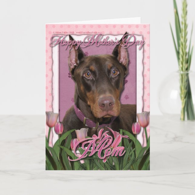 Tarjeta Día de la Madre - tulipanes rosados - Doberman - (Anverso)