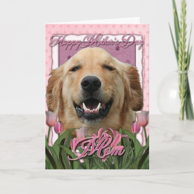 Tarjeta Día de la Madre - Tulipanes rosados - Golden Retri (Anverso)