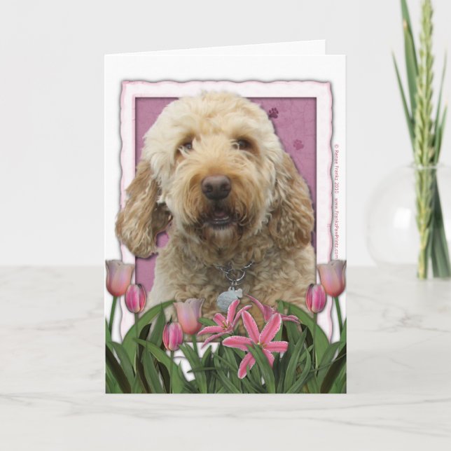 Tarjeta Día de la Madre - tulipanes rosados - GoldenDoodle (Anverso)