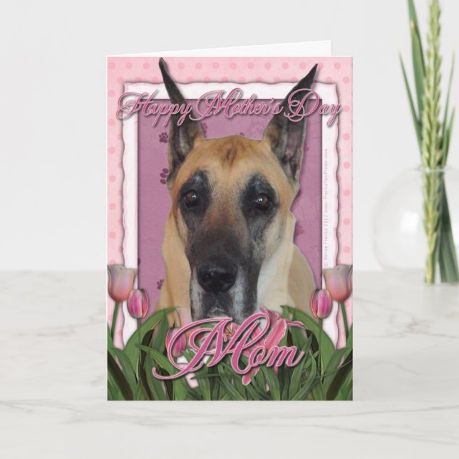 Tarjeta Día de la Madre - Tulipanes rosados - Gran danés (Anverso)
