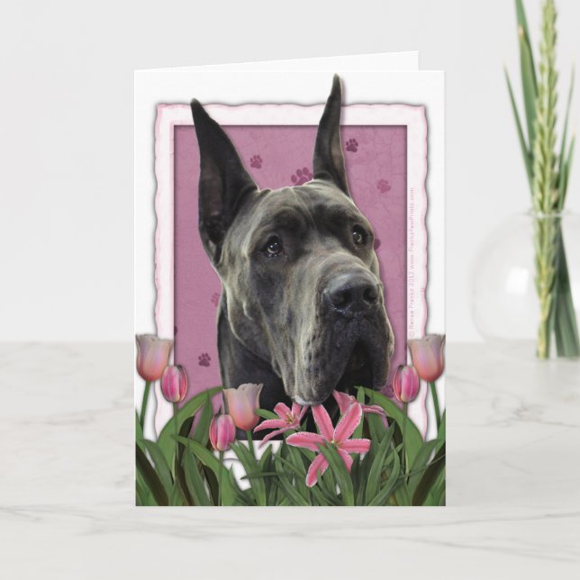 Tarjeta Día de la Madre - tulipanes rosados - great dane - (Anverso)