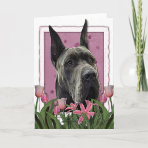Tarjeta Día de la Madre - tulipanes rosados - great dane -