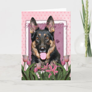 Tarjeta Día de la Madre - Tulipanes rosados - Pastor alemá
