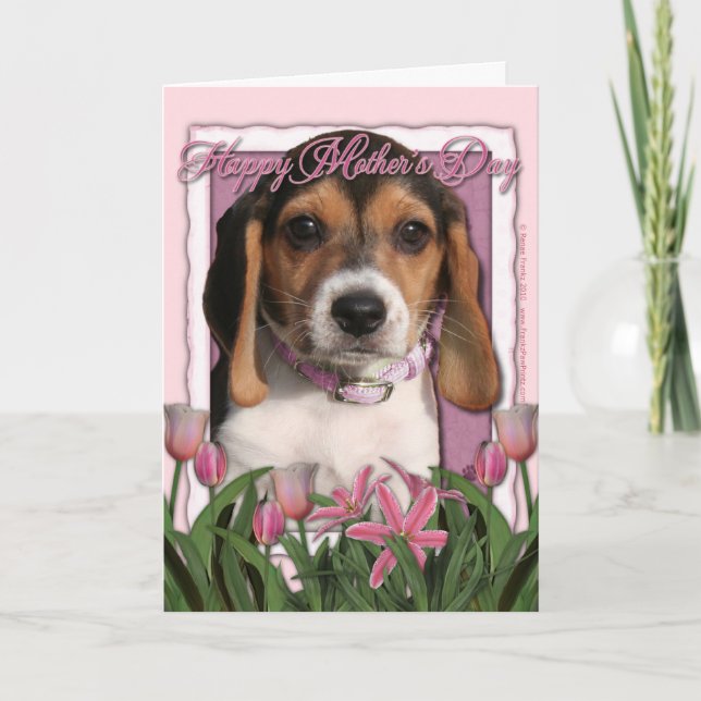 Tarjeta Día de la Madre - tulipanes rosados - perrito del (Anverso)