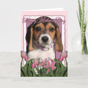 Tarjeta Día de la Madre - tulipanes rosados - perrito del