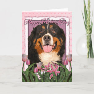 Tarjeta Día de la Madre - tulipanes rosados - perro de