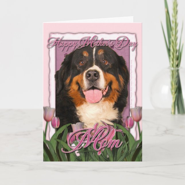 Tarjeta Día de la Madre - tulipanes rosados - perro de (Anverso)