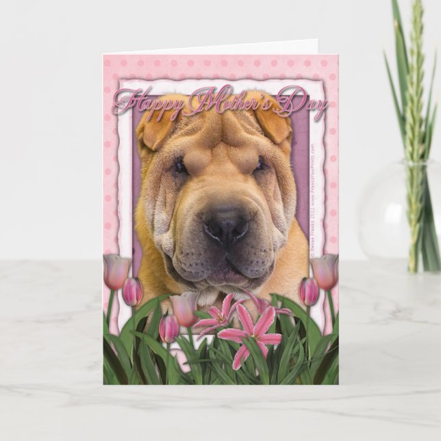 Tarjeta Día de la Madre - Tulipanes rosados - Shar Pei Chi (Anverso)