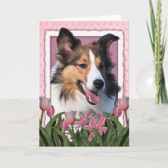 Tarjeta Día de la Madre - tulipanes rosados - Sheltie (Anverso)