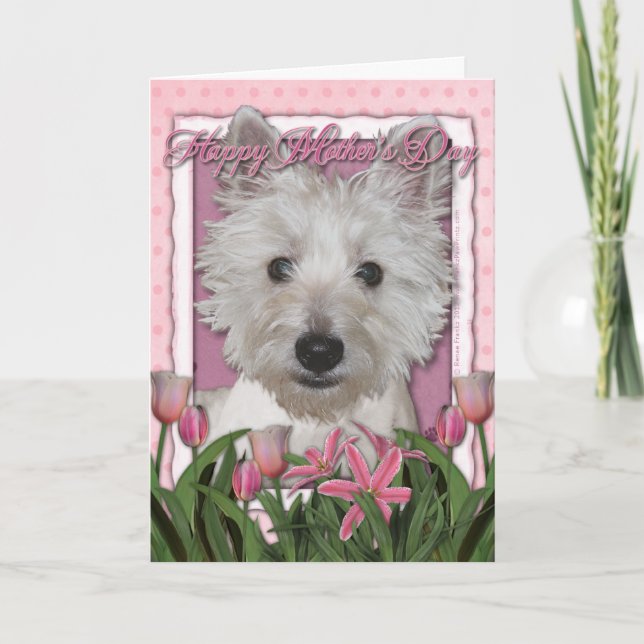 Tarjeta Día de la Madre - tulipanes rosados - Westie (Anverso)