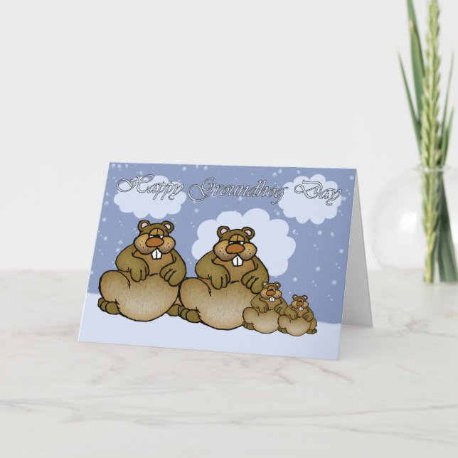 Tarjeta Día de la marmota feliz, familia de Groundhog (Anverso)