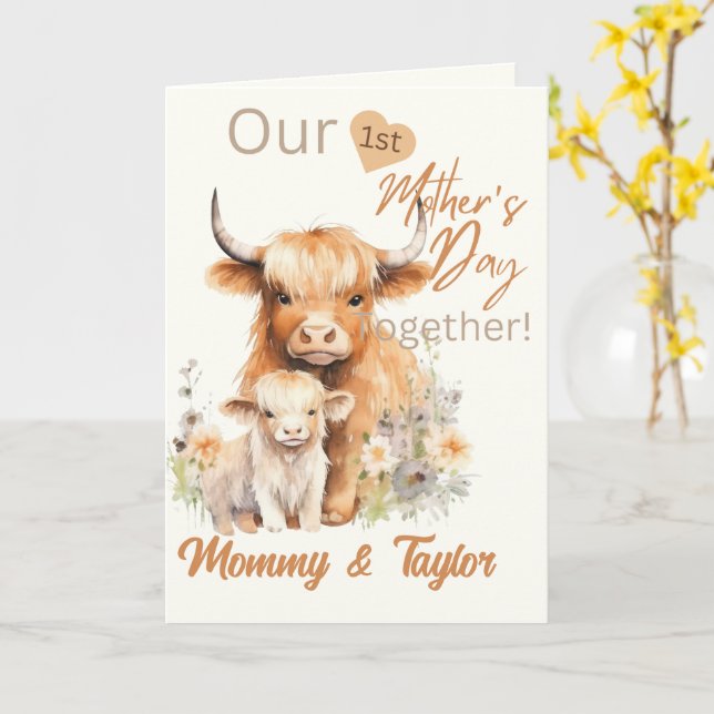 Tarjeta Día de la primera madre de vaca acuarela Highland (flor amarilla)